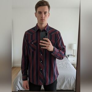 Wrangler striped pearl snap button-up, burgundy and navy, Cotton Western Shirt